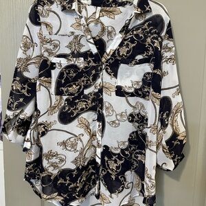 Elegant Black and Cream Women's Top DNA Couture Large Classy Quarter Sleeve